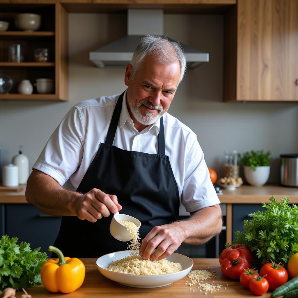 Retired boxer preparing a healthy meal including quinoa.