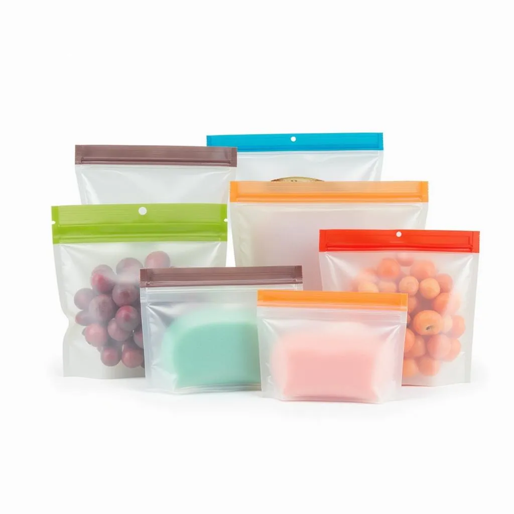 Assortment of colorful reusable food pouches