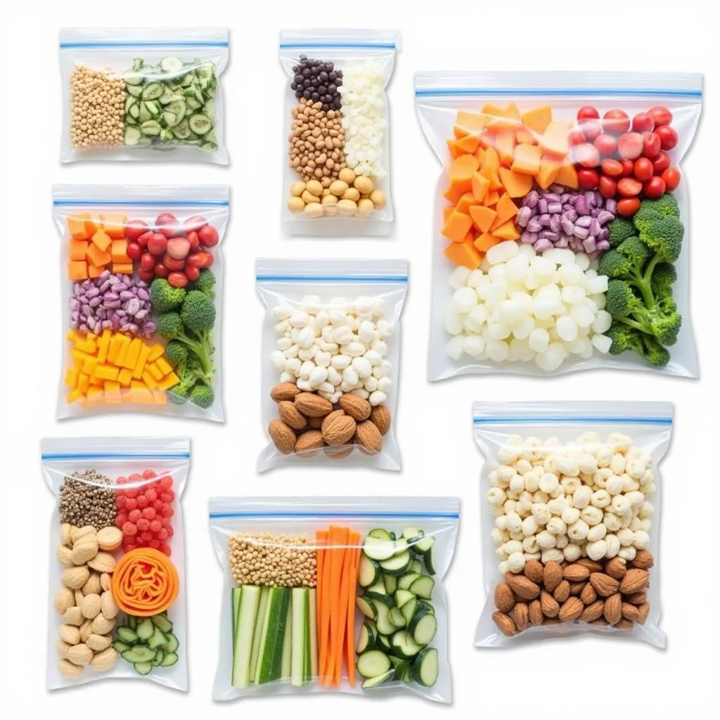 Reusable Food Prep Bags with Various Ingredients