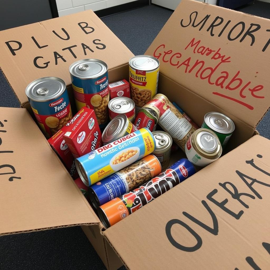 Cans and boxes of non-perishable food items arranged in a festive holiday box, symbolizing donations for a reverse advent calendar.