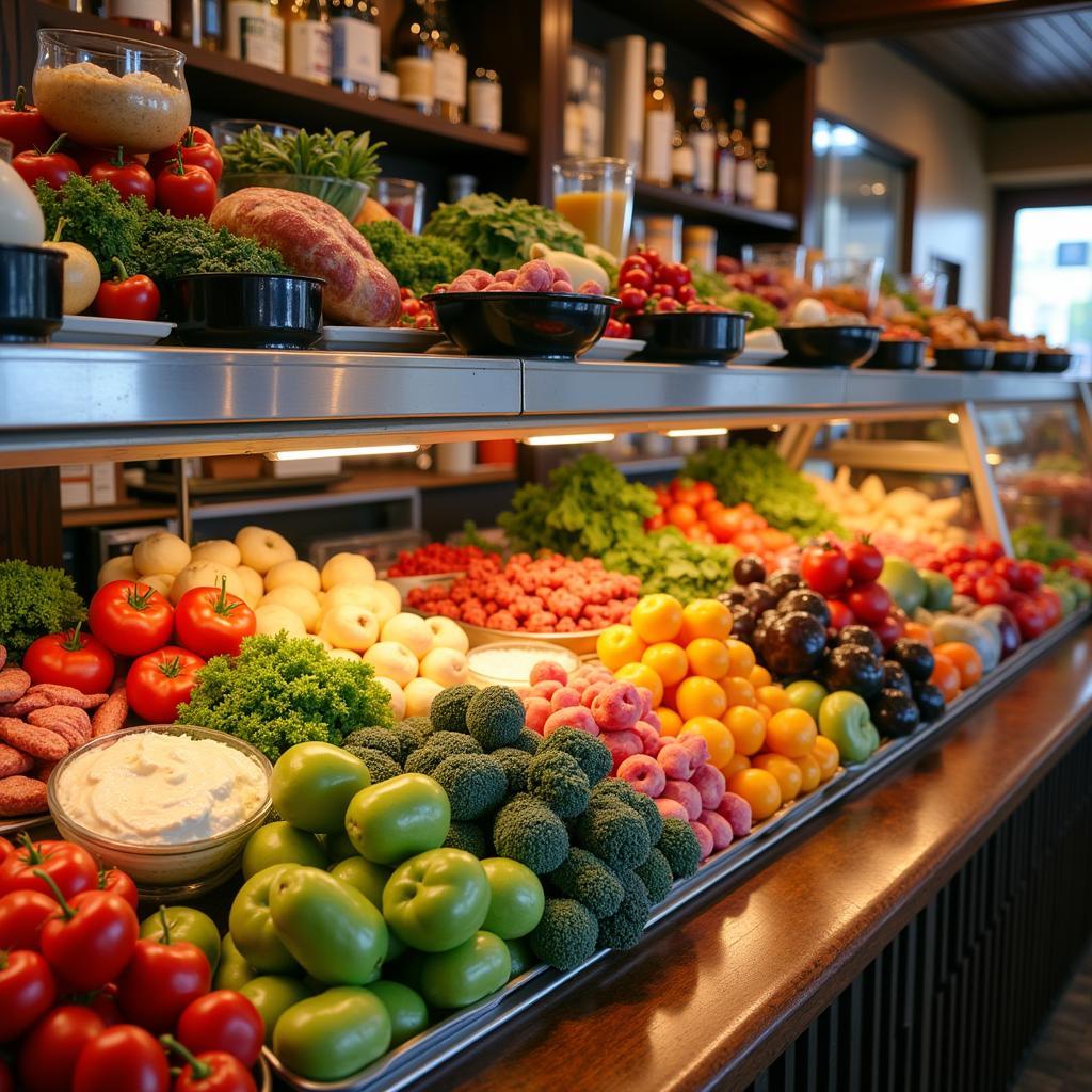 A bustling kosher deli counter filled with a colorful array of salads, meats, and traditional Jewish foods