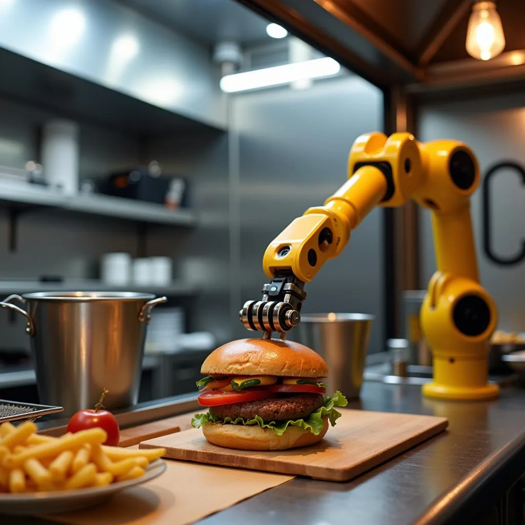 Robotic arm preparing a gourmet burger inside a food truck kitchen.