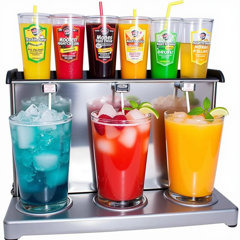 Image of the Rockin Jump beverage fountain with a variety of colorful drinks