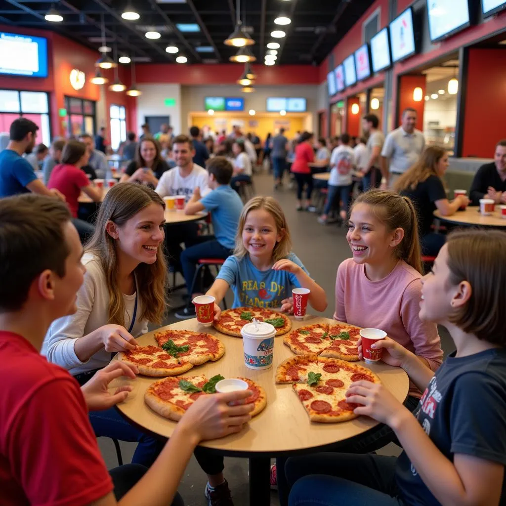 bustling Rockin Jump food court with families enjoying pizza and snacks