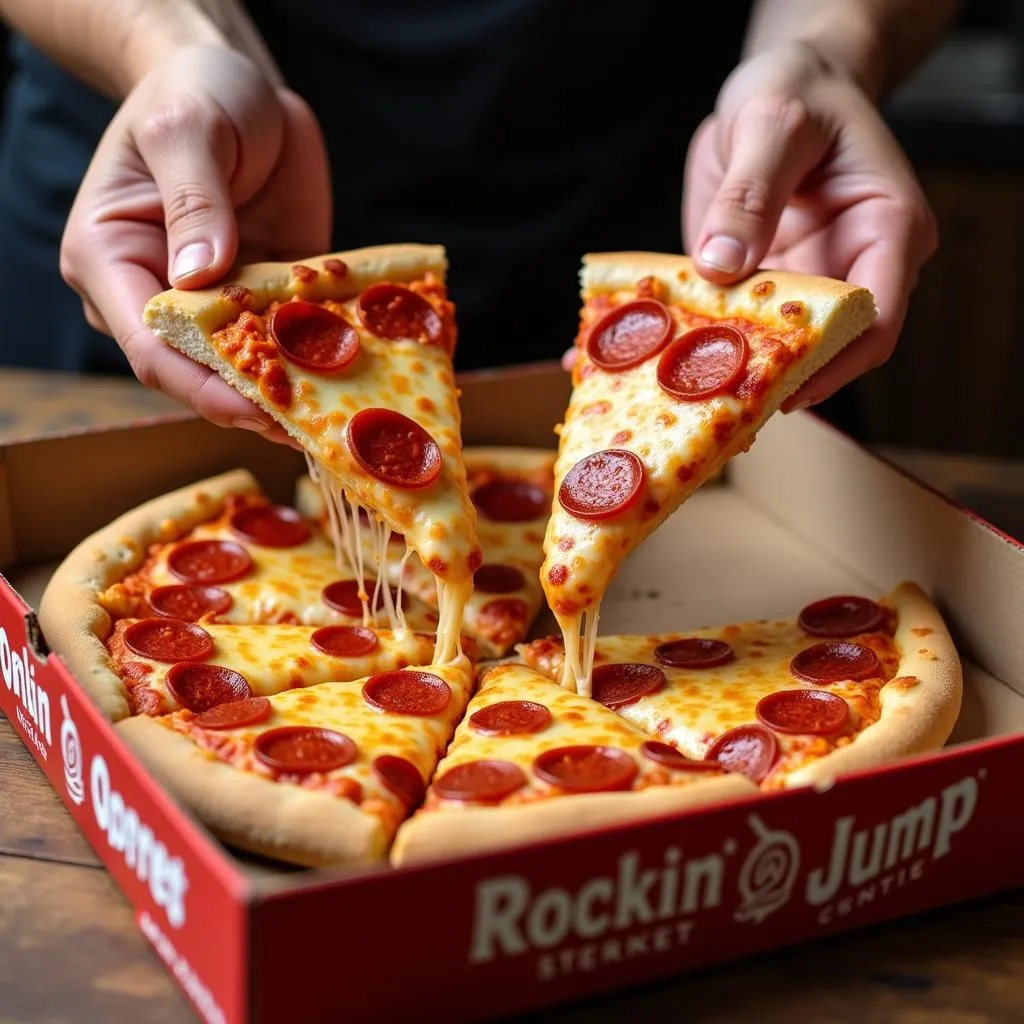  Close-up shot of hands reaching for delicious Rockin Jump pizza slices 