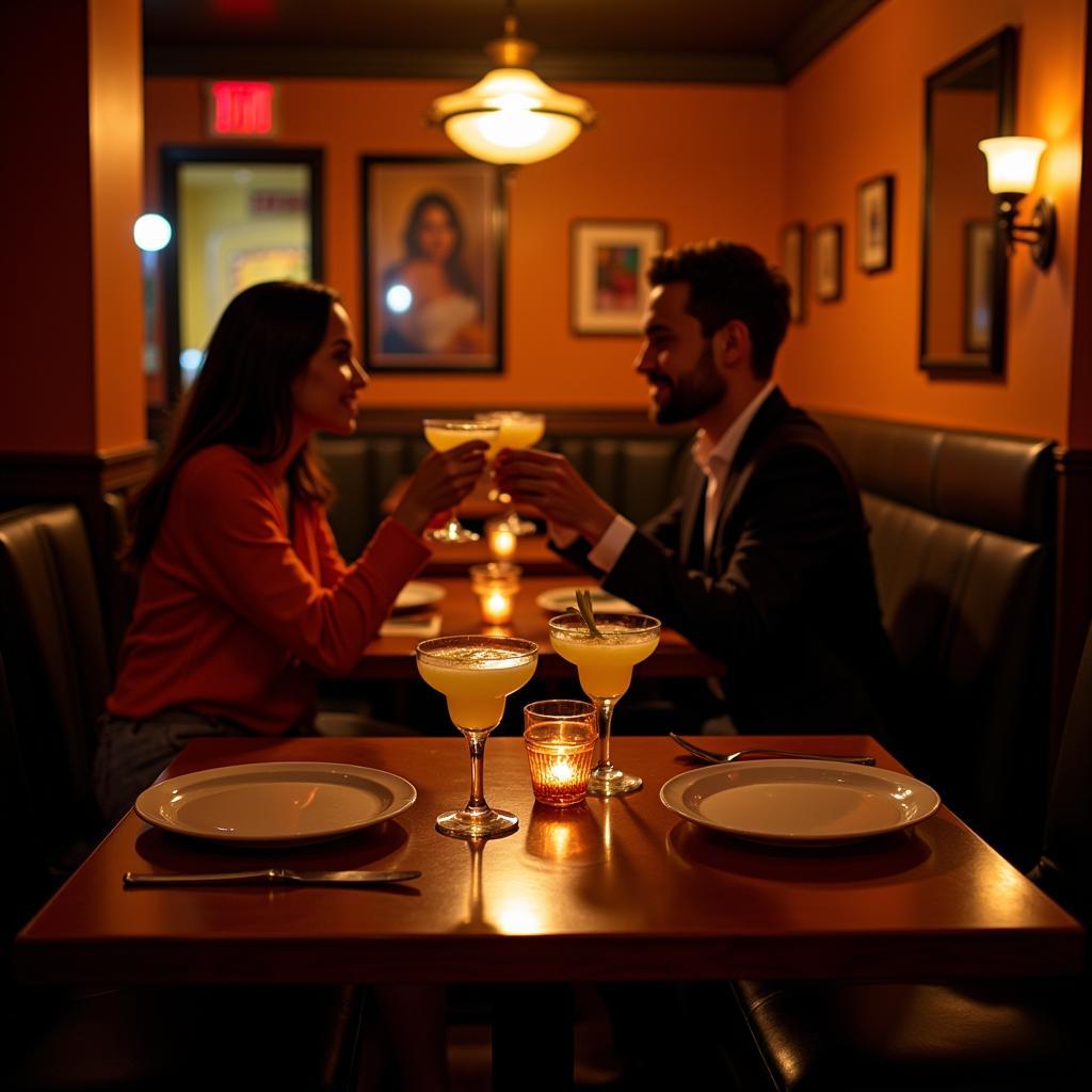 A couple toasting with margaritas at a romantic table in a Mexican restaurant