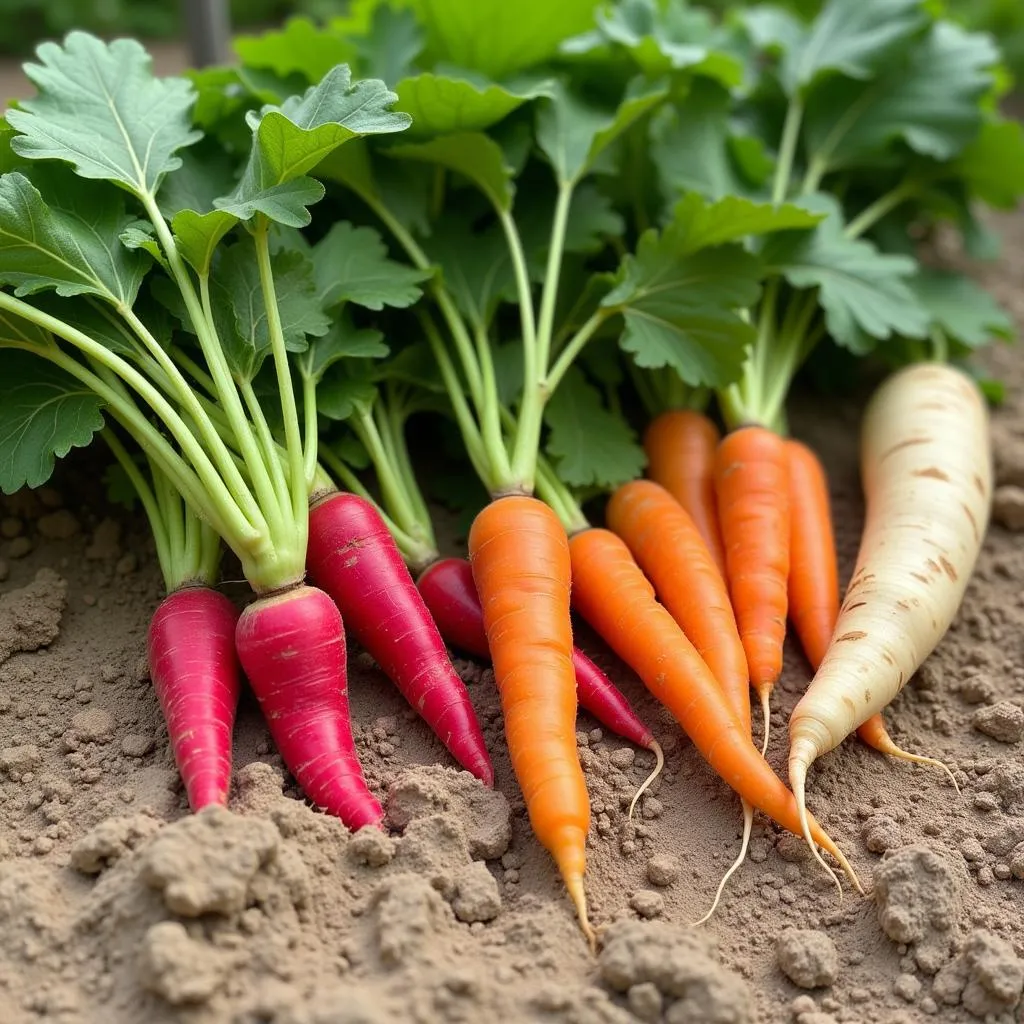 Carrots, radishes, and parsnips growing in sandy soil