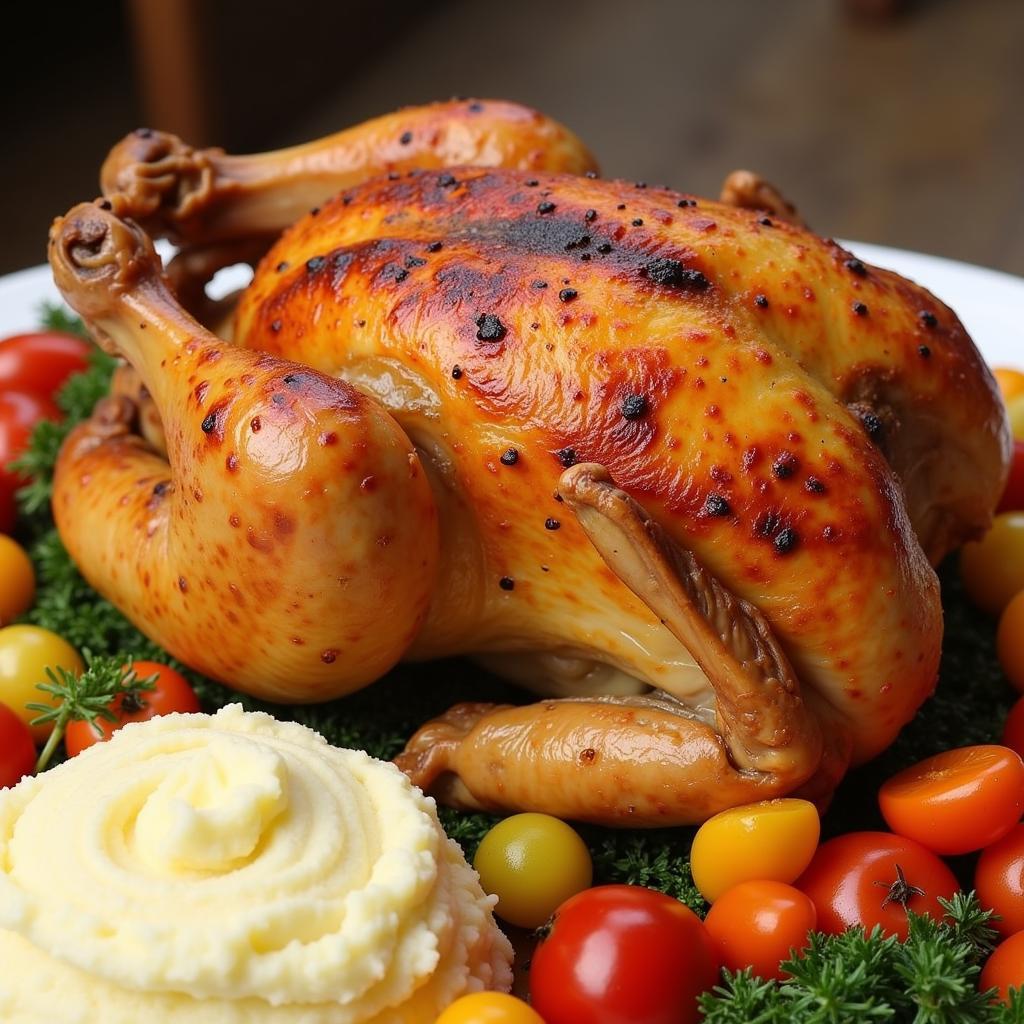 A close-up shot of a mouthwatering rotisserie chicken platter from a food city deli, served with roasted vegetables and mashed potatoes.