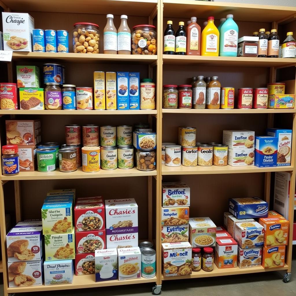 A diverse range of food donations are stacked neatly on shelves at the Round Lake food pantry, ready to be distributed to those in need.