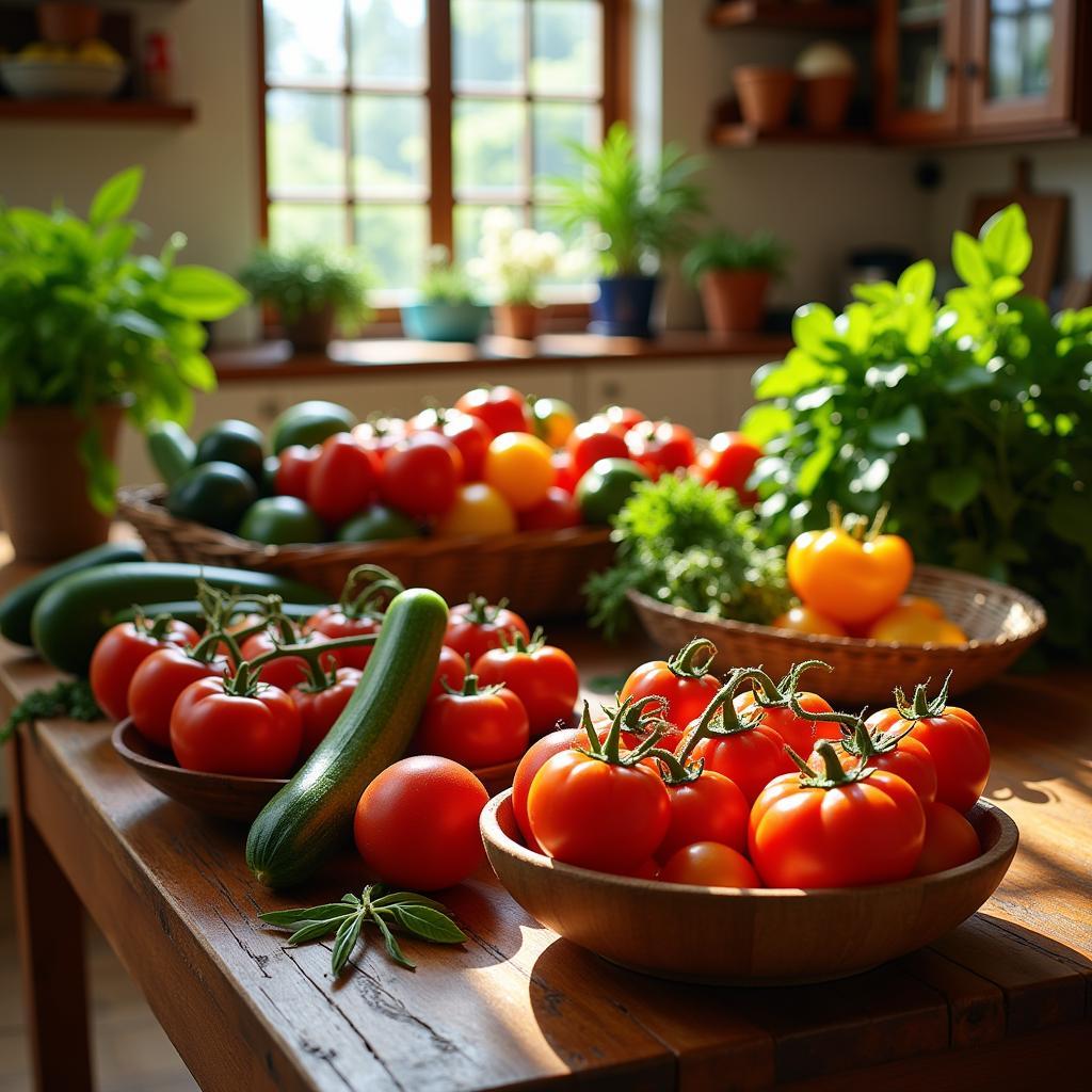 Rustic farmhouse kitchen table setting with fresh ingredients