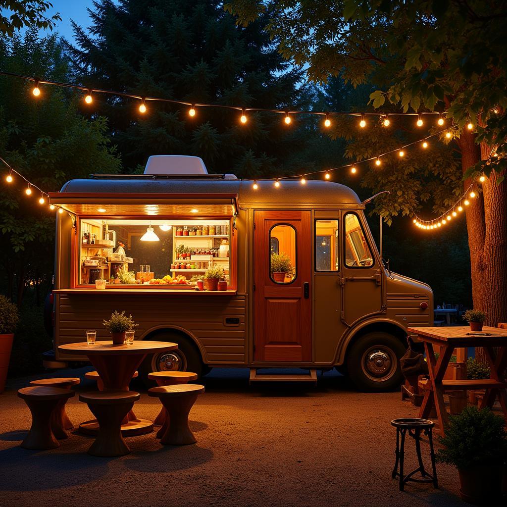 Rustic food truck with outdoor seating and fairy lights