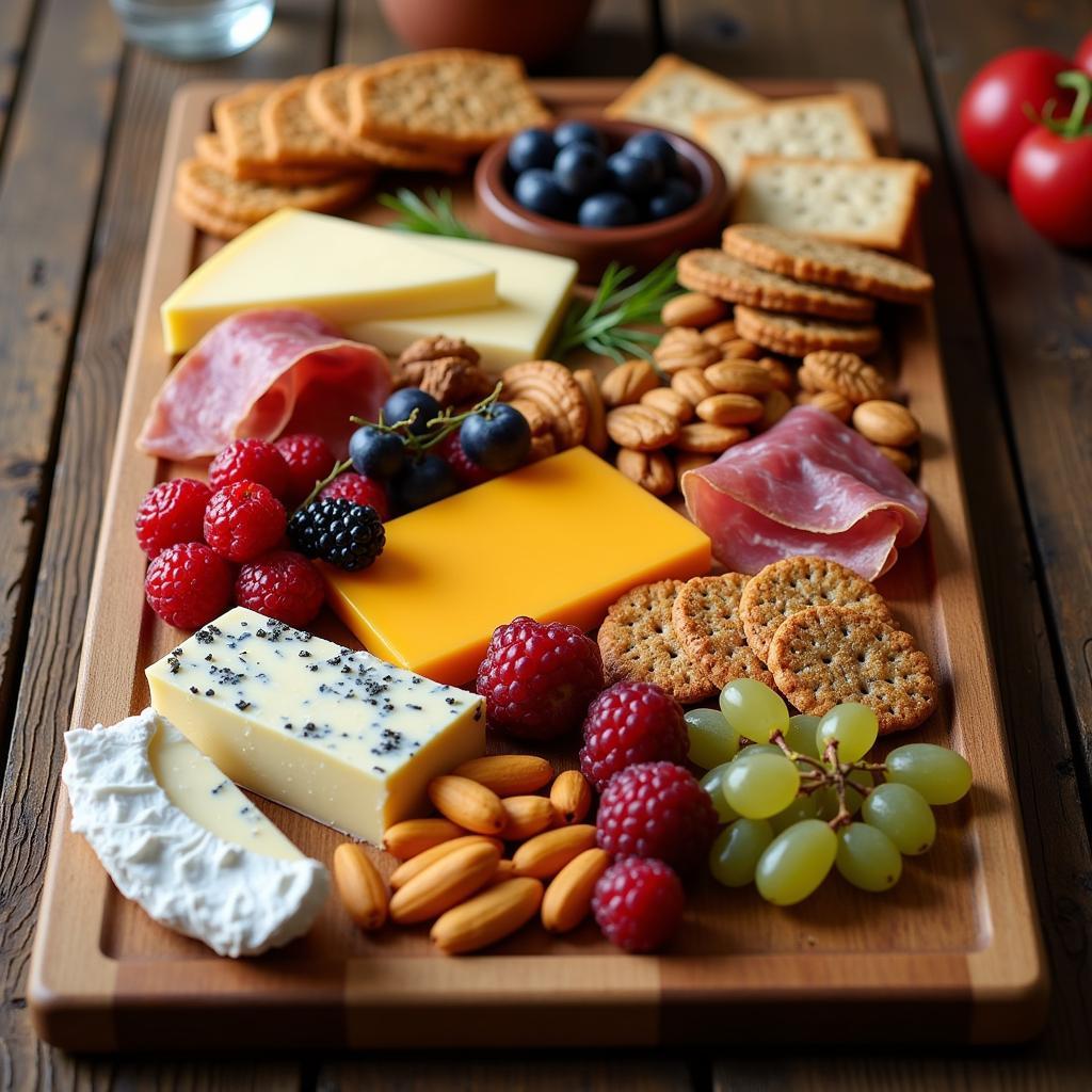 Rustic Wooden Food Tray with Charcuterie Spread