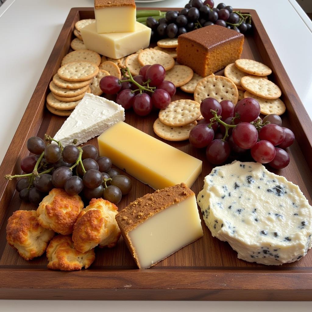 Rustic wooden tray with cheese and grapes