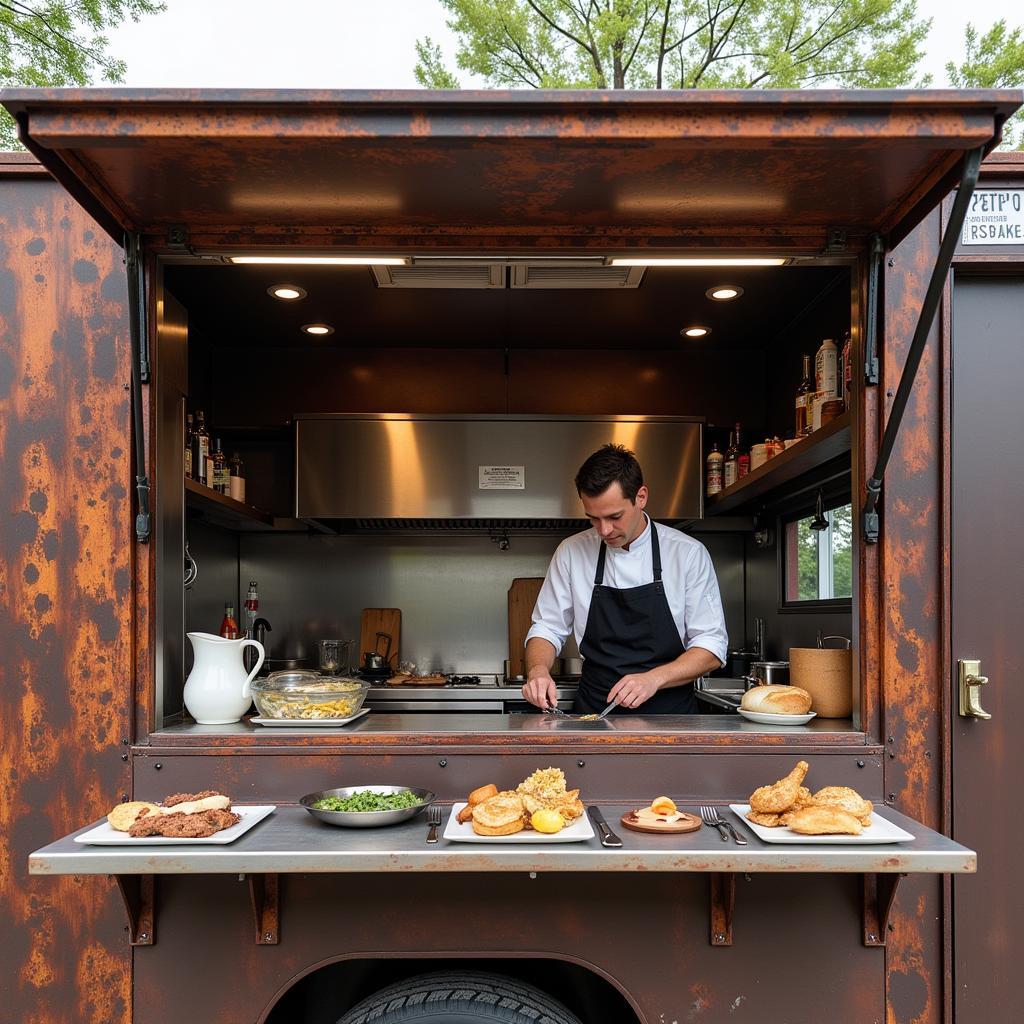 The interior kitchen of a rusty rail food truck with stainless steel equipment