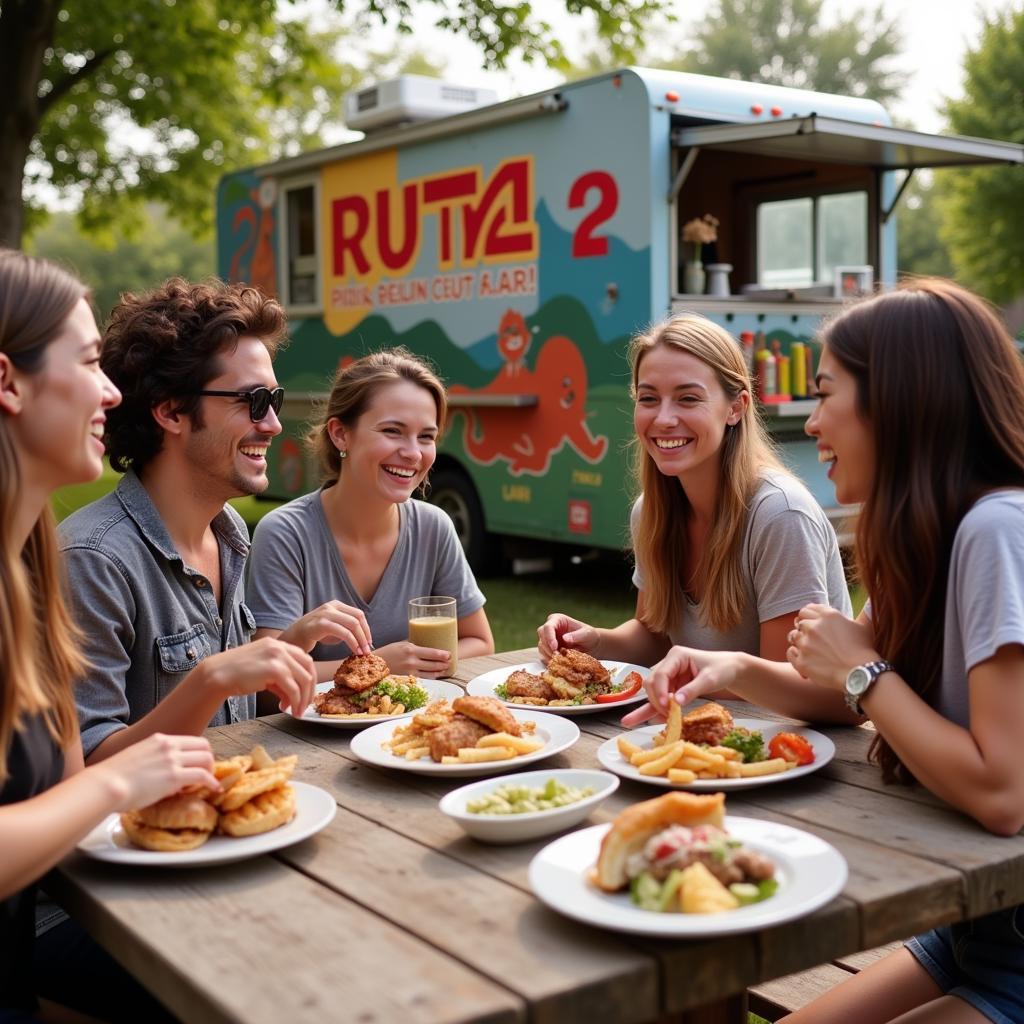 Happy customers enjoying their meals from the Ruta 2 food truck