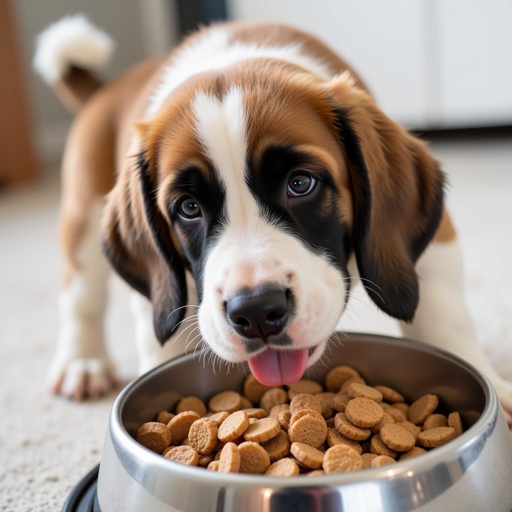 A Saint Bernard puppy happily eating from a bowl