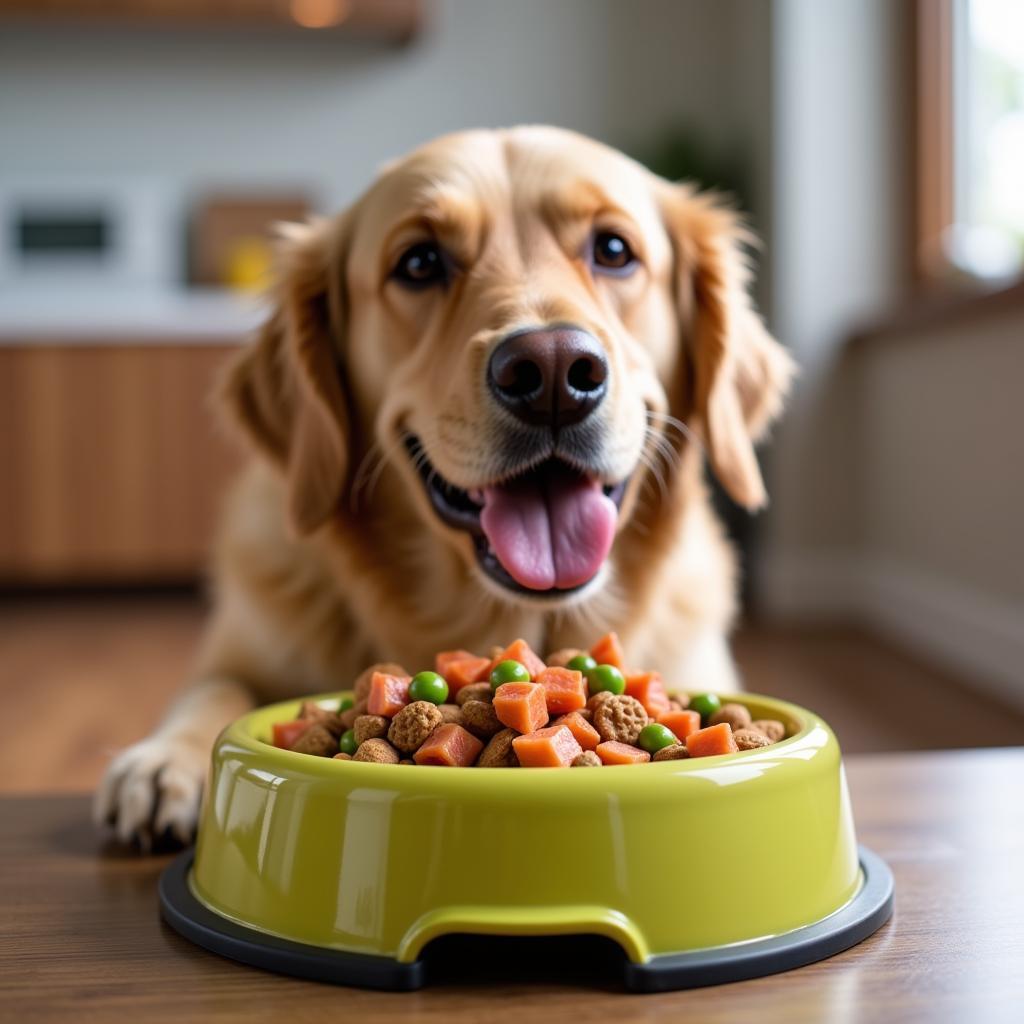 Dog enjoying salmon and peas dog food