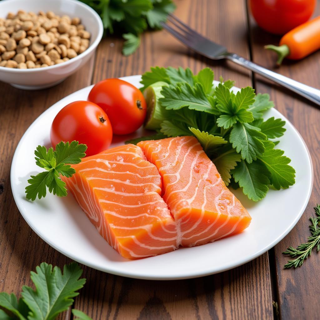 Cat food ingredients with a focus on salmon.