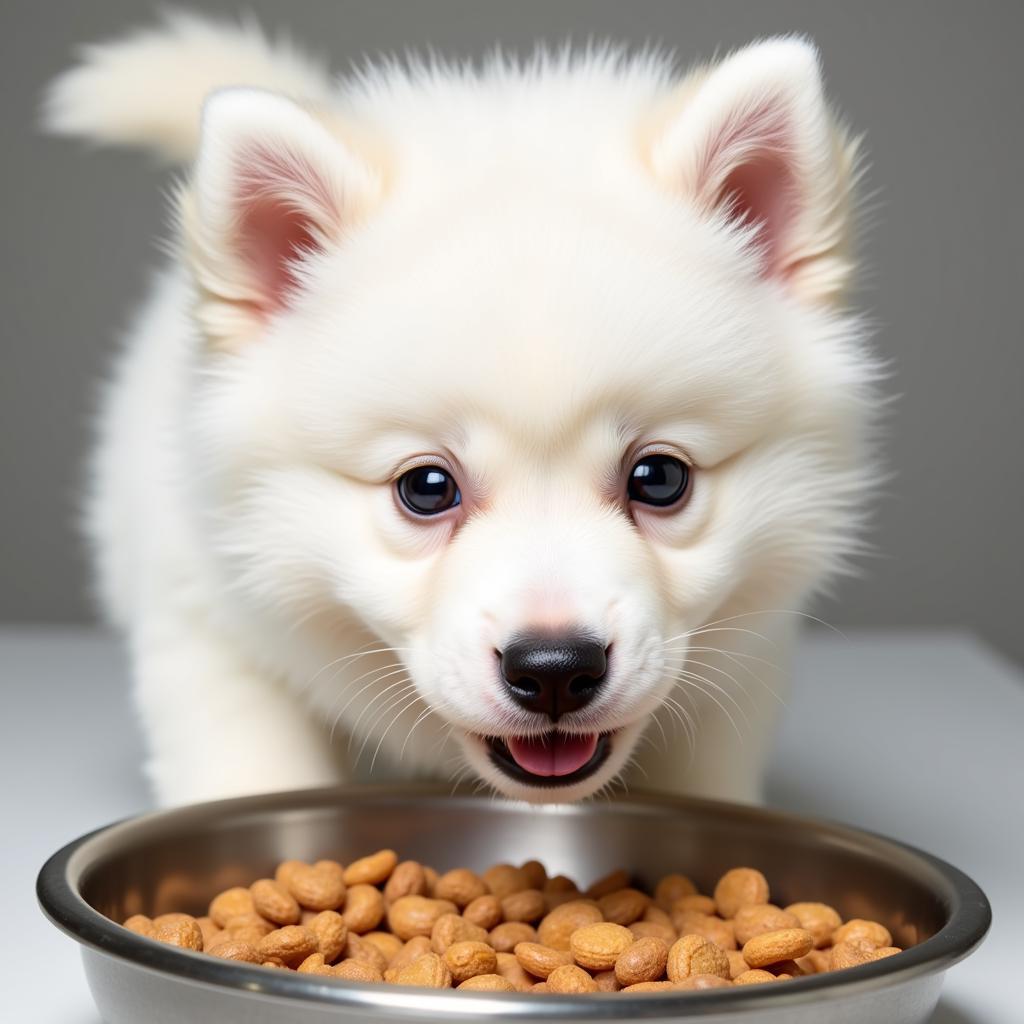 Samoyed puppy enjoying a bowl of dry food