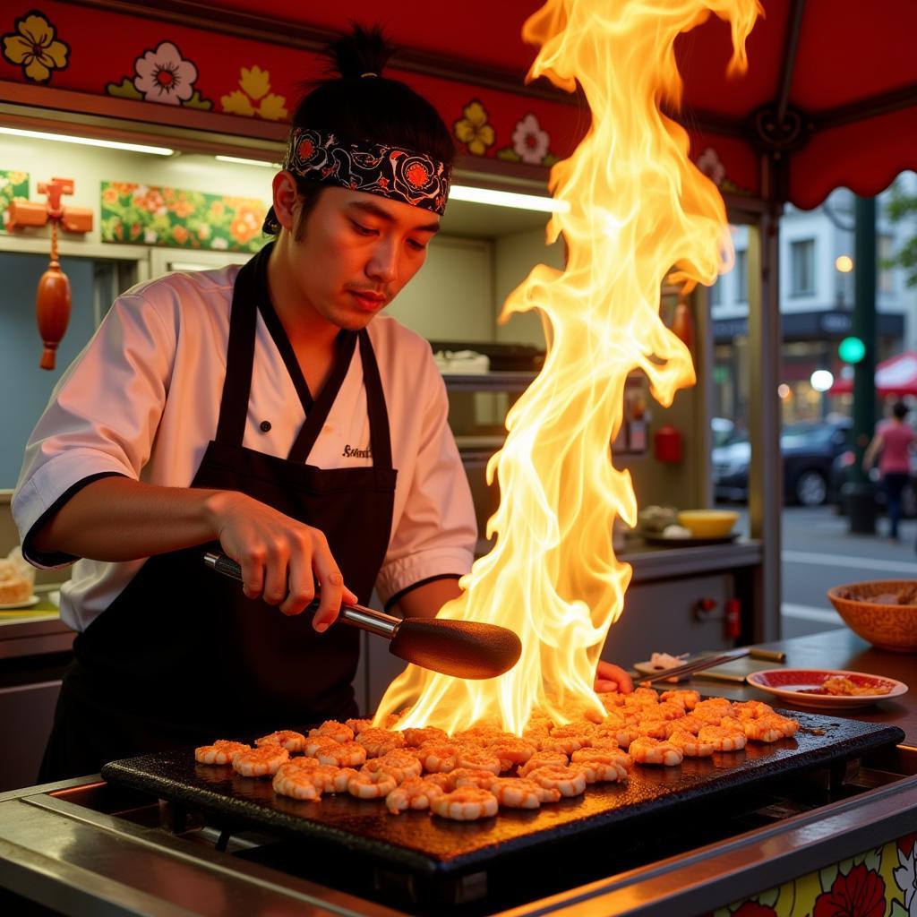 Samurai teppanyaki chef skillfully preparing a dish on a food truck griddle.