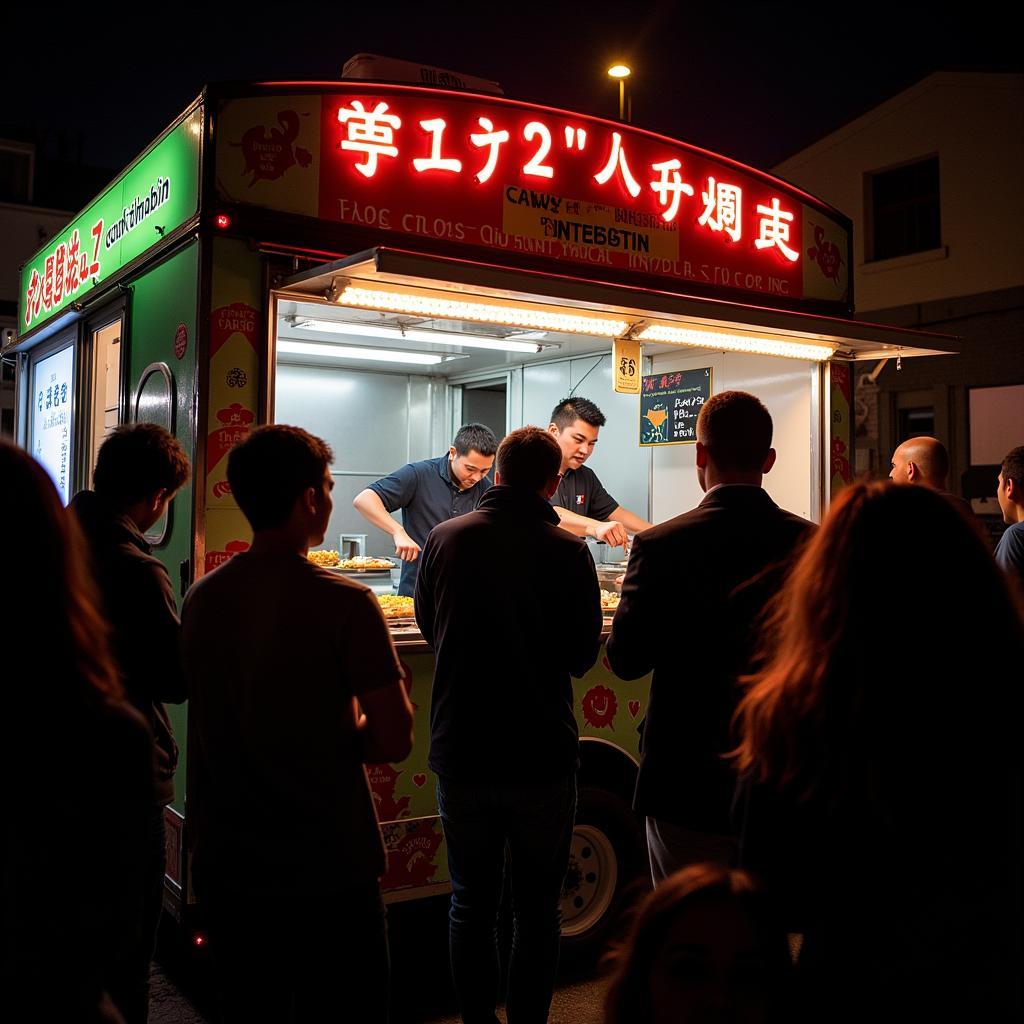 A vibrant samurai teppanyaki food truck illuminated at night, attracting customers.