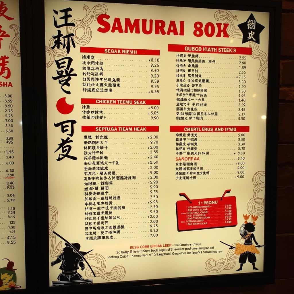 A colorful menu board displaying a variety of samurai teppanyaki dishes.