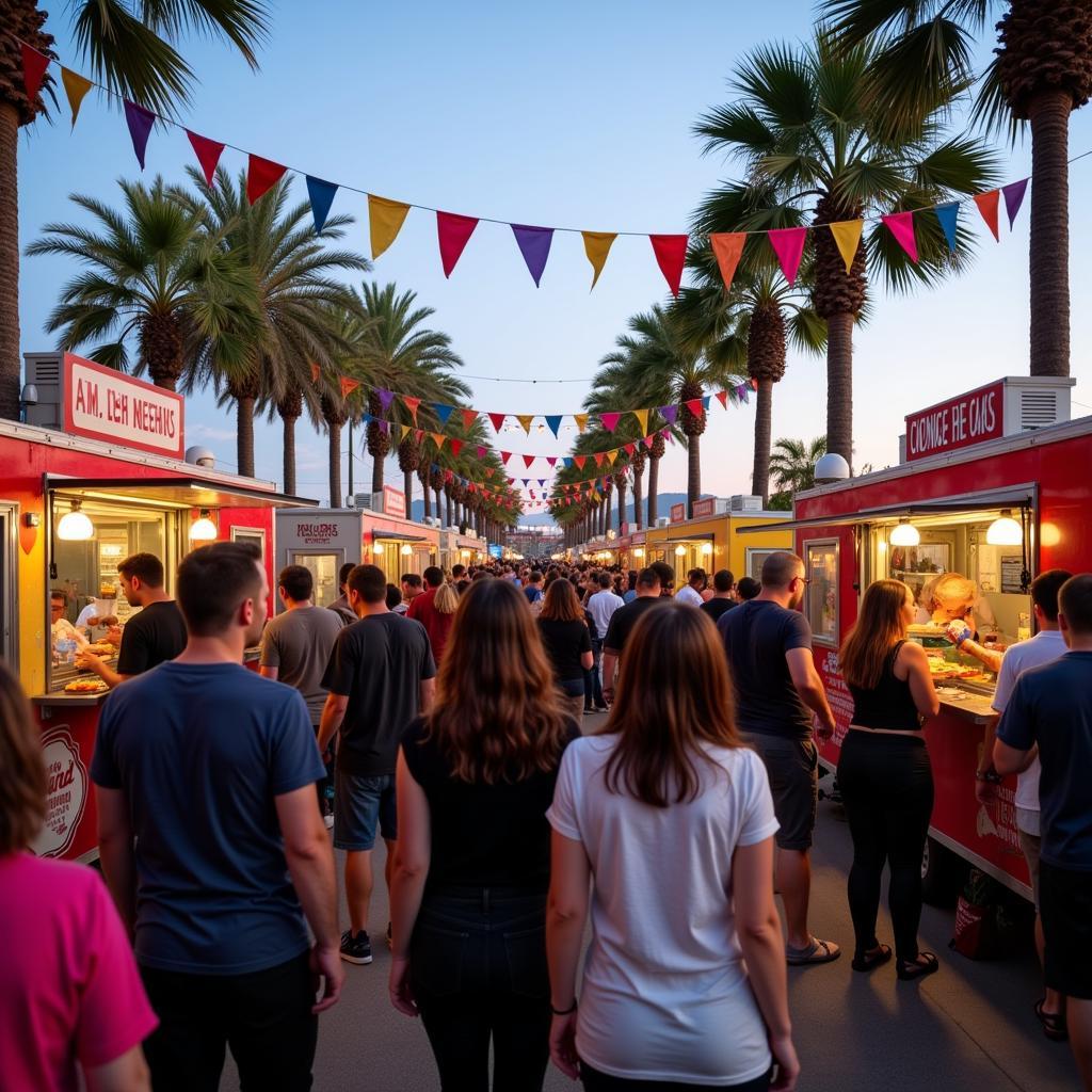  A bustling San Diego food truck festival with people lining up at various food trucks