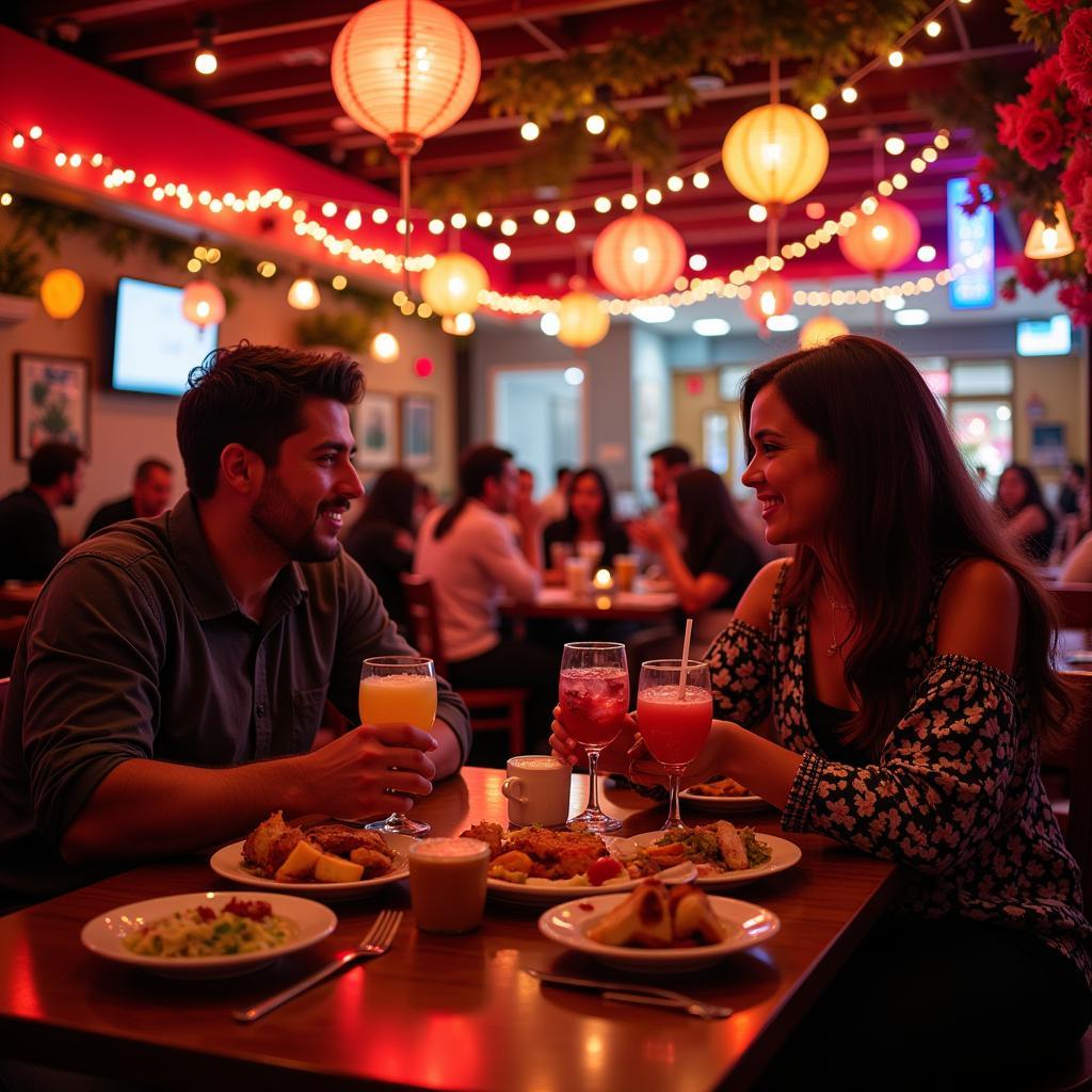 Couples enjoying a Valentine's Day dinner at a lively Mexican restaurant in San Diego