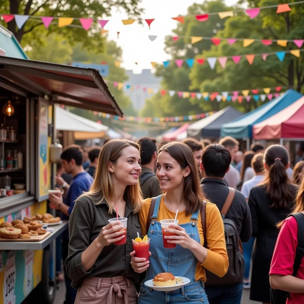 Diverse crowd enjoying food and drinks at the Savannah Food Truck Festival