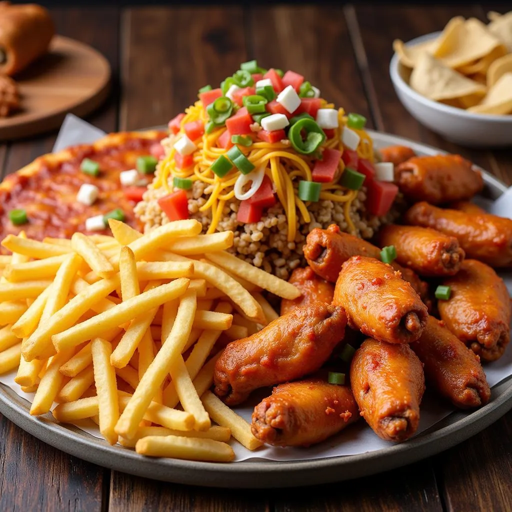  A platter piled high with a variety of savory munchie foods.