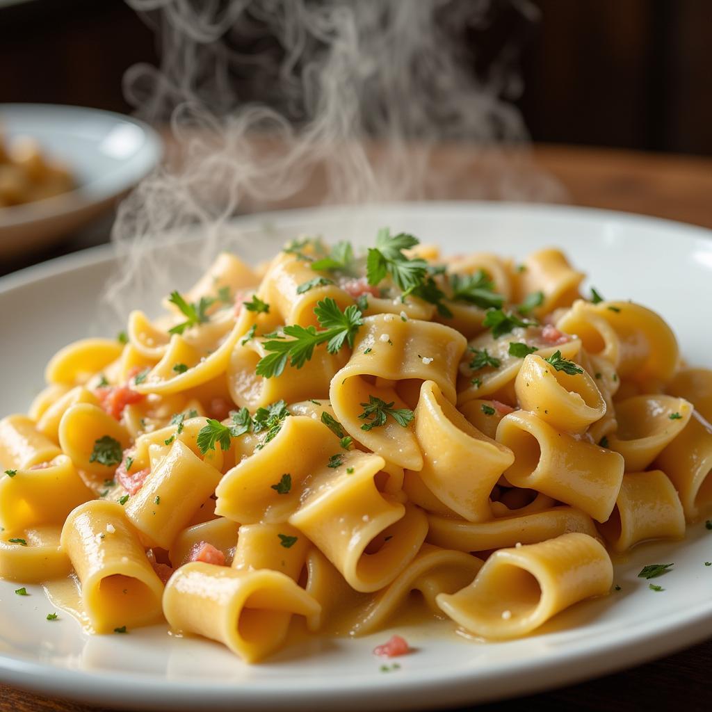 A plate of pasta with a creamy sauce made using heavy whipping cream