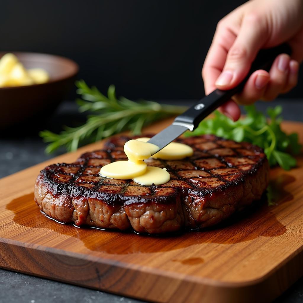 Scattering butter over a grilled steak