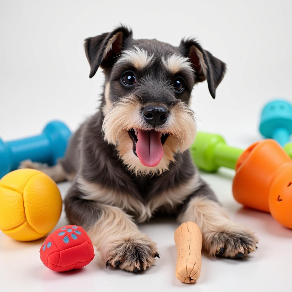 A Schnauzer puppy happily plays with toys