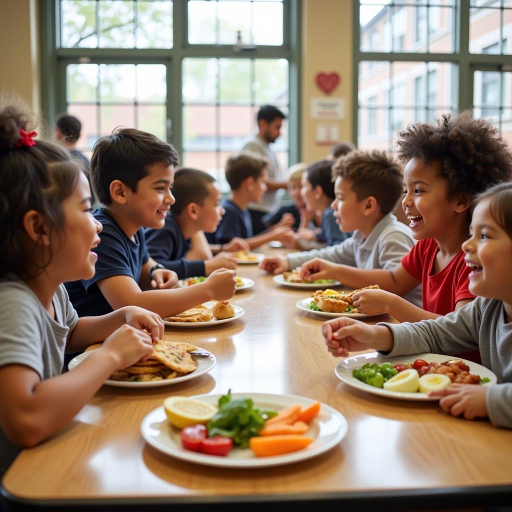 School children receiving nutritious meals in a school cafeteria