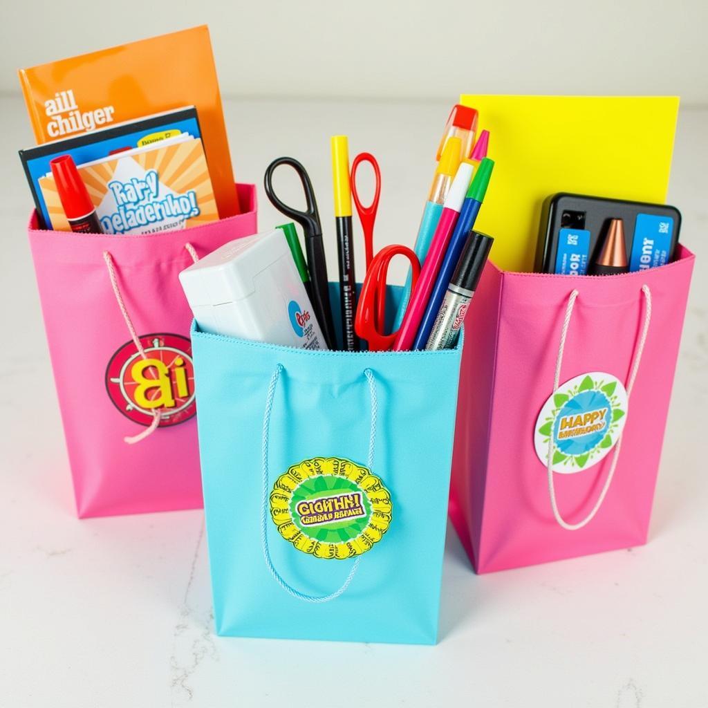 Colorful bags filled with school supplies like pencils, erasers, and stickers.