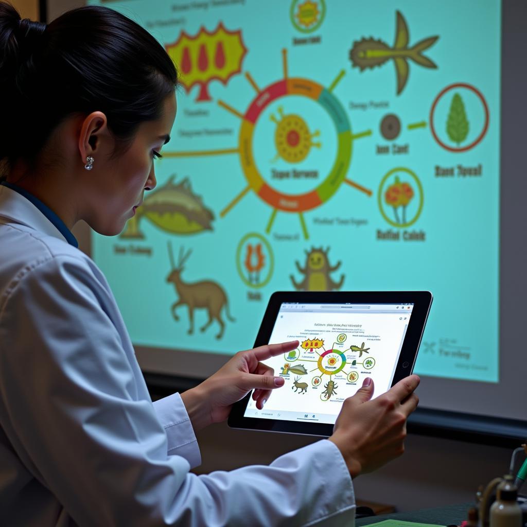 Scientist Explaining Food Web Concept Using Digital Tablet