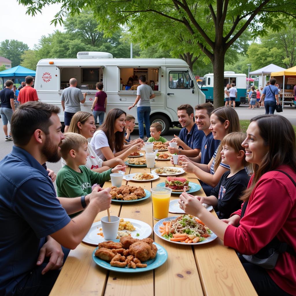 Families enjoying food at picnic tables