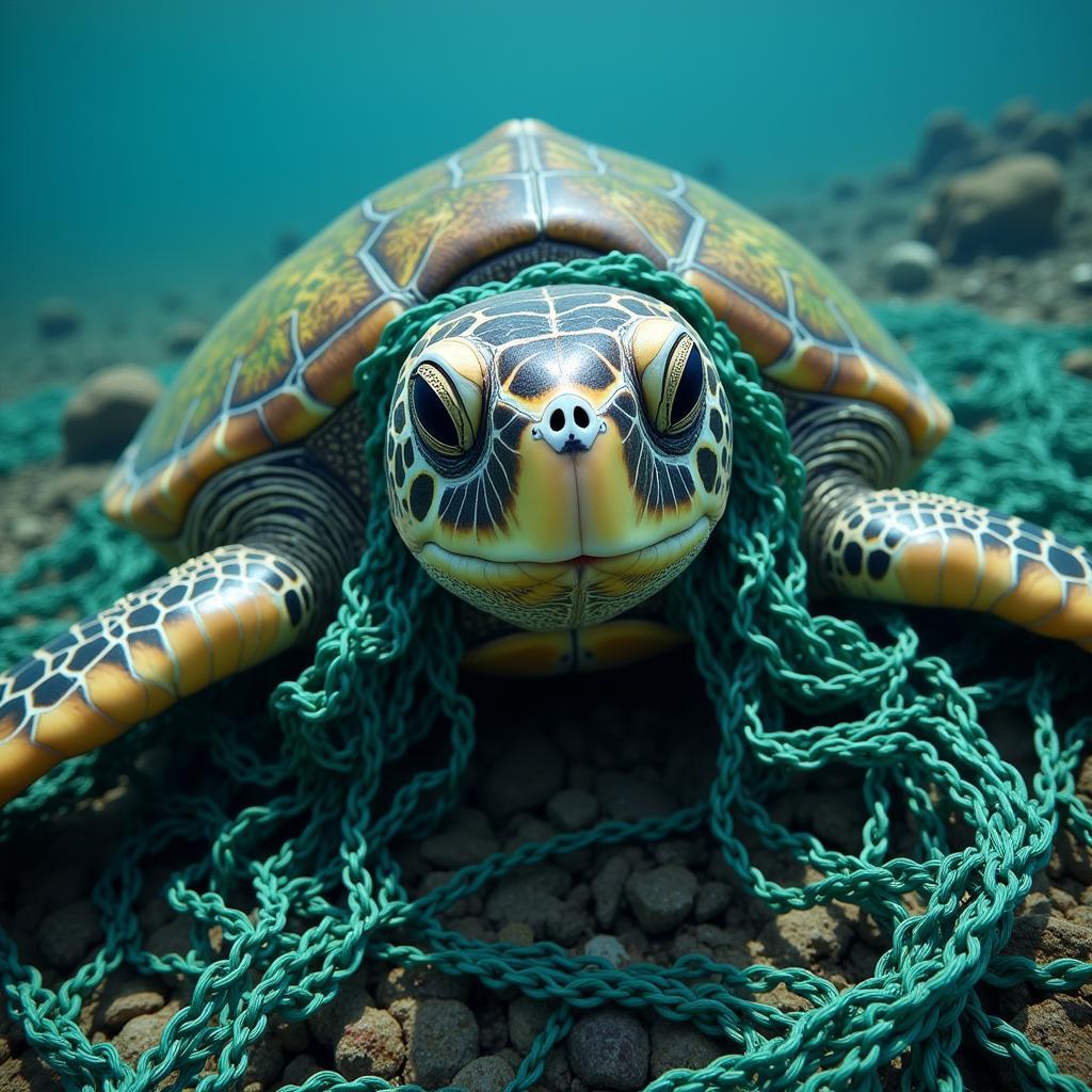 Sea turtle caught in a fishing net