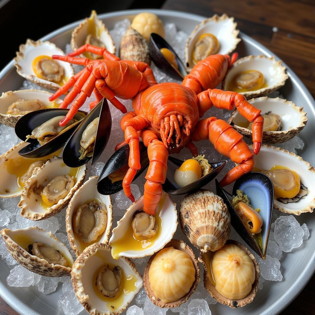 An assortment of fresh seafood on ice, showcasing a variety of shells like clams, mussels, oysters, and scallops.