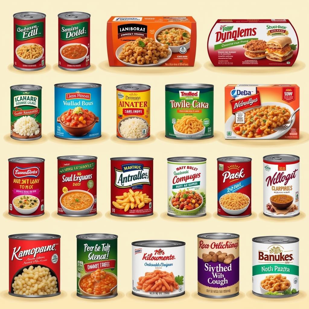 Various self heating canned food options laid out on a table