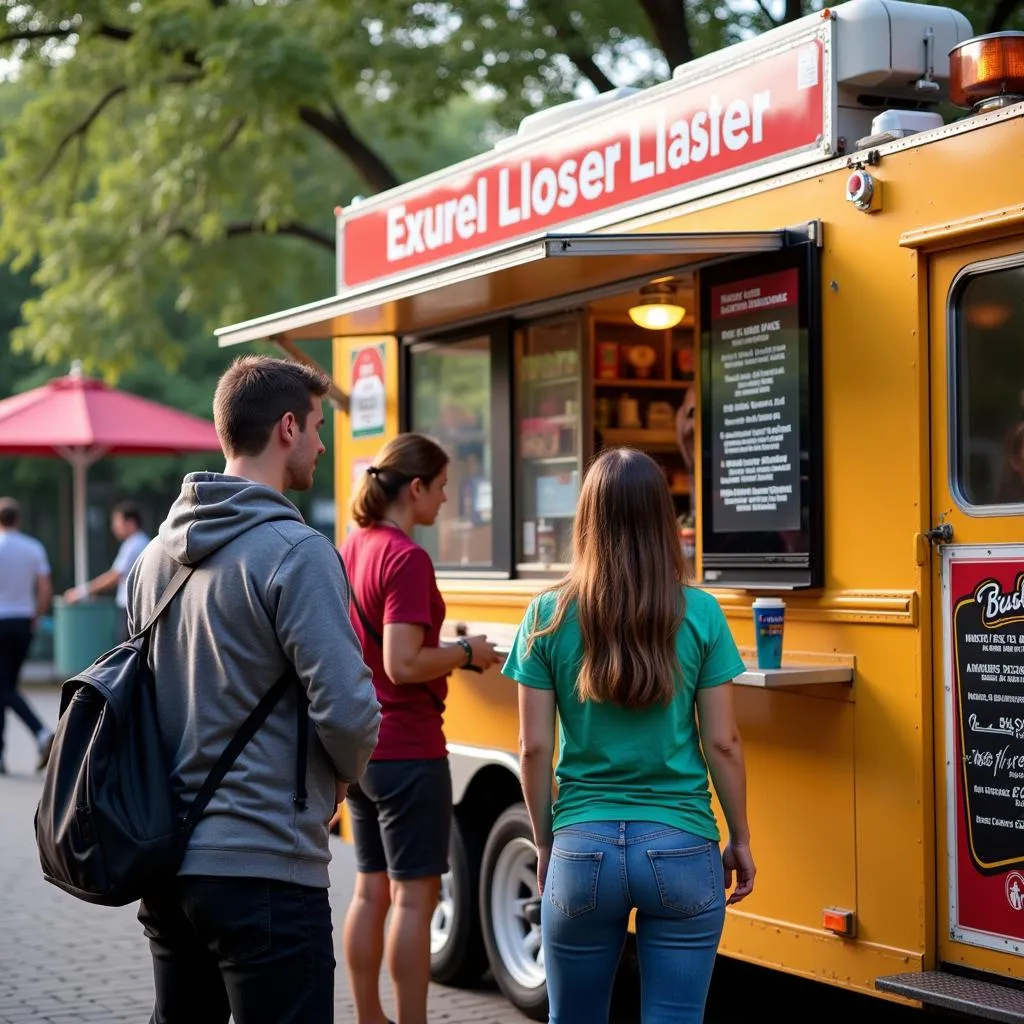 Customers using self-ordering kiosk at a food truck