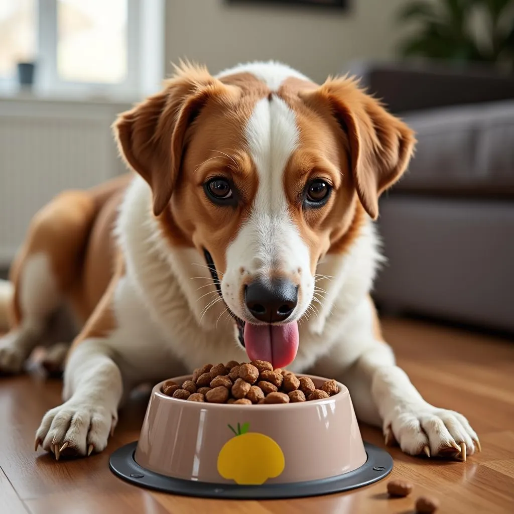 Senior dog enjoying Pro Plan kidney food