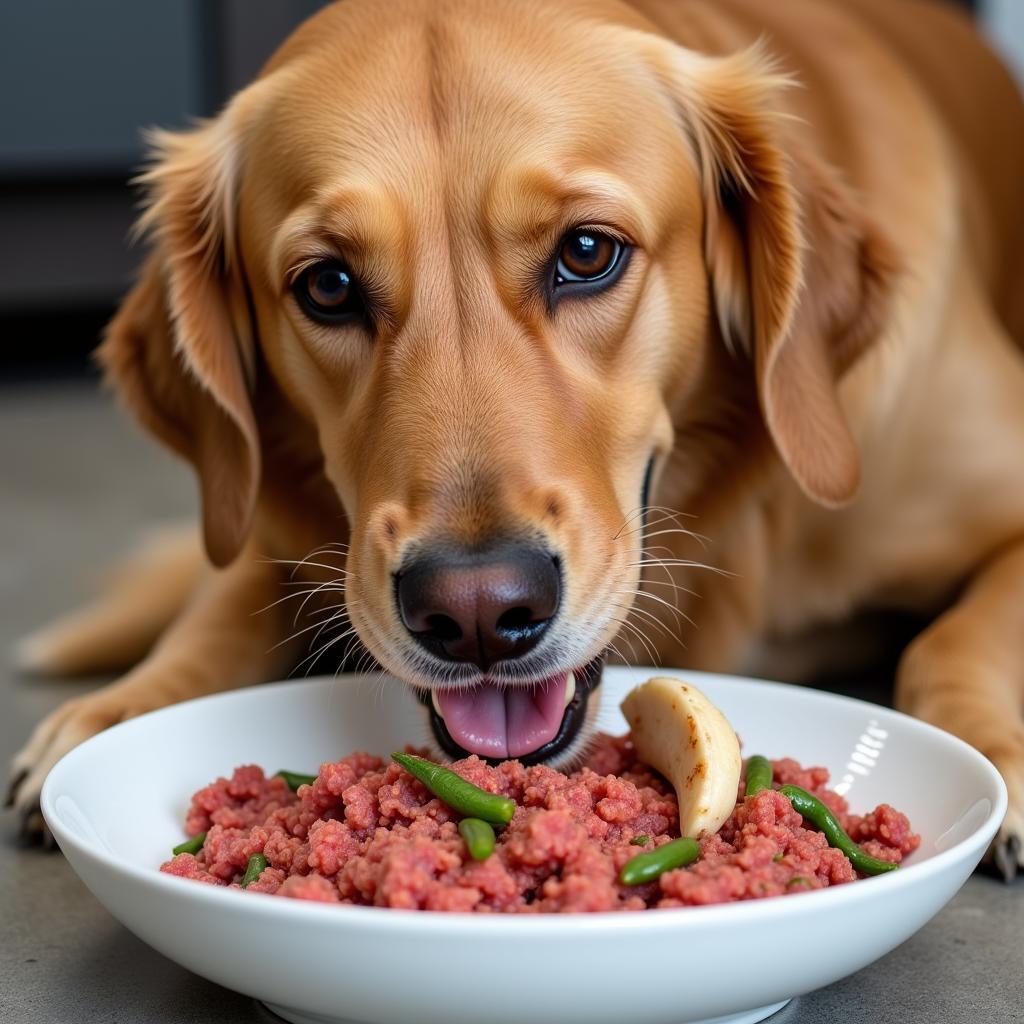 Senior Dog Enjoying a Raw Food Meal