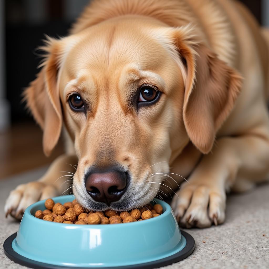 Senior dog enjoying a meal