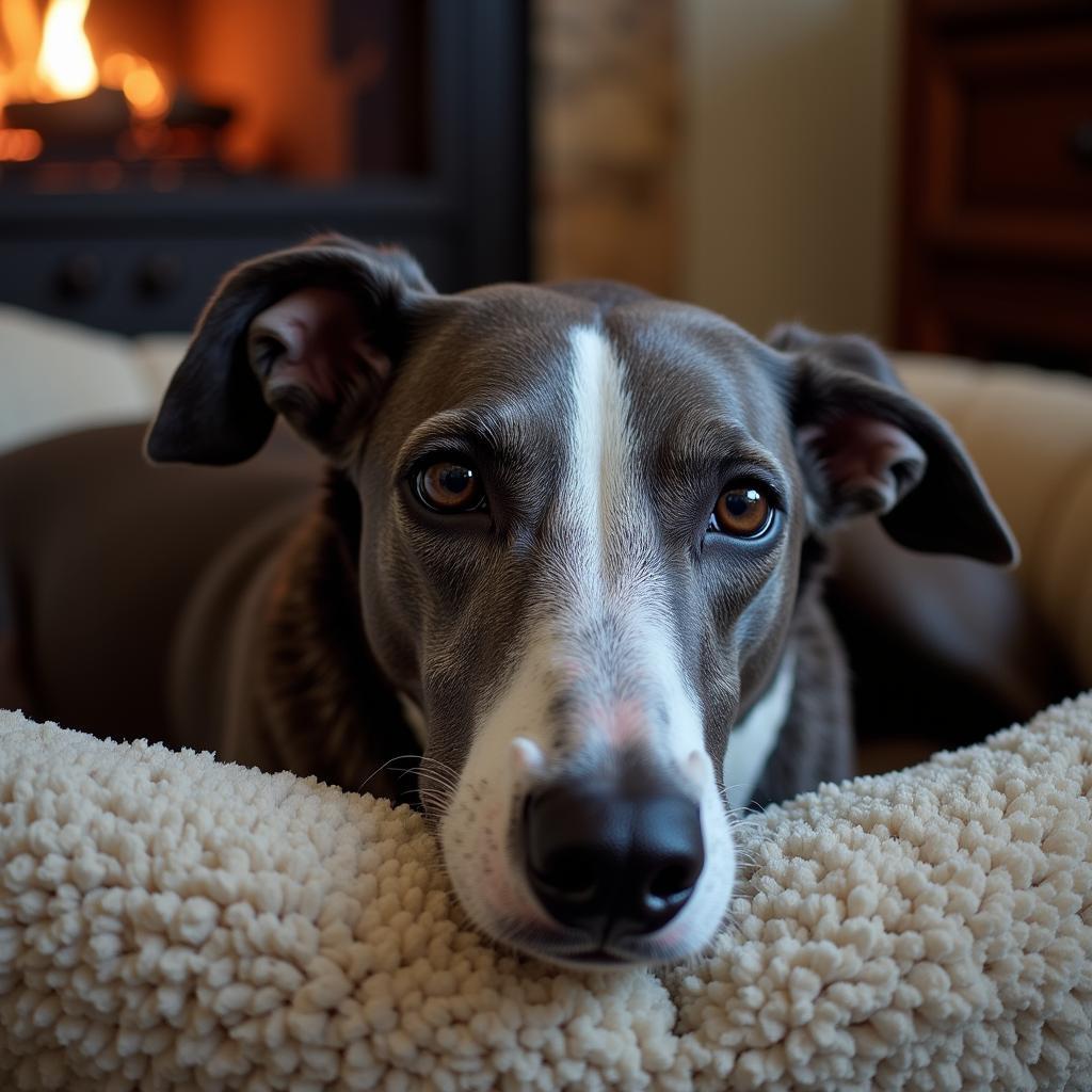 Senior greyhound resting indoors