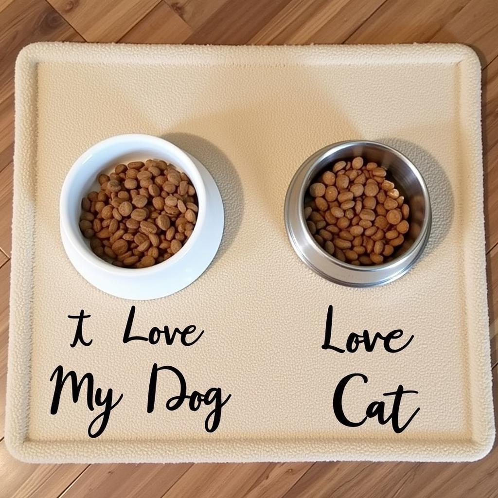 Two separate feeding stations for a dog and a cat