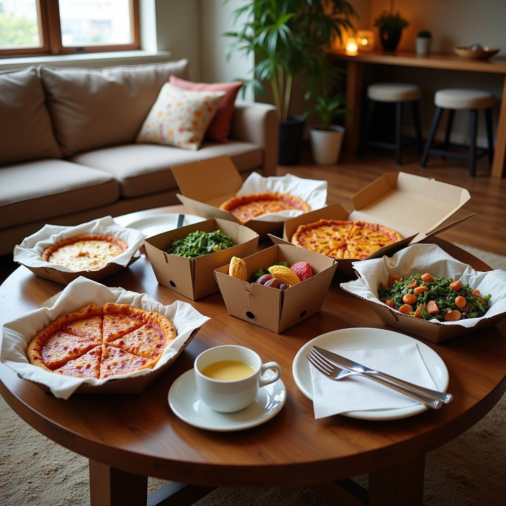 Setting a table with delivered food