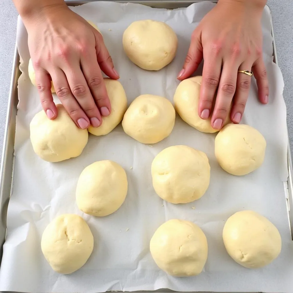 Shaping dough into rolls on a baking sheet