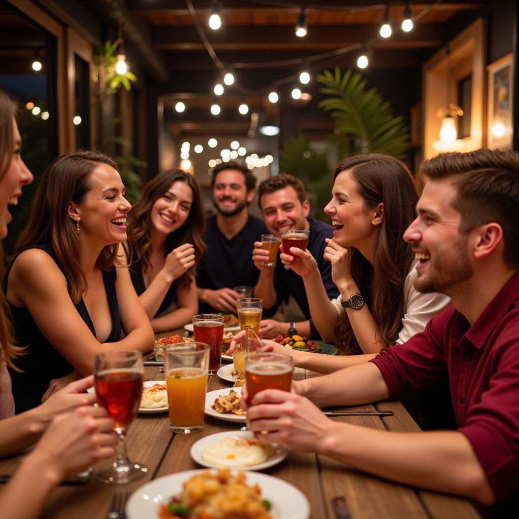 People laughing while listening to someone tell a dirty food joke at a party.