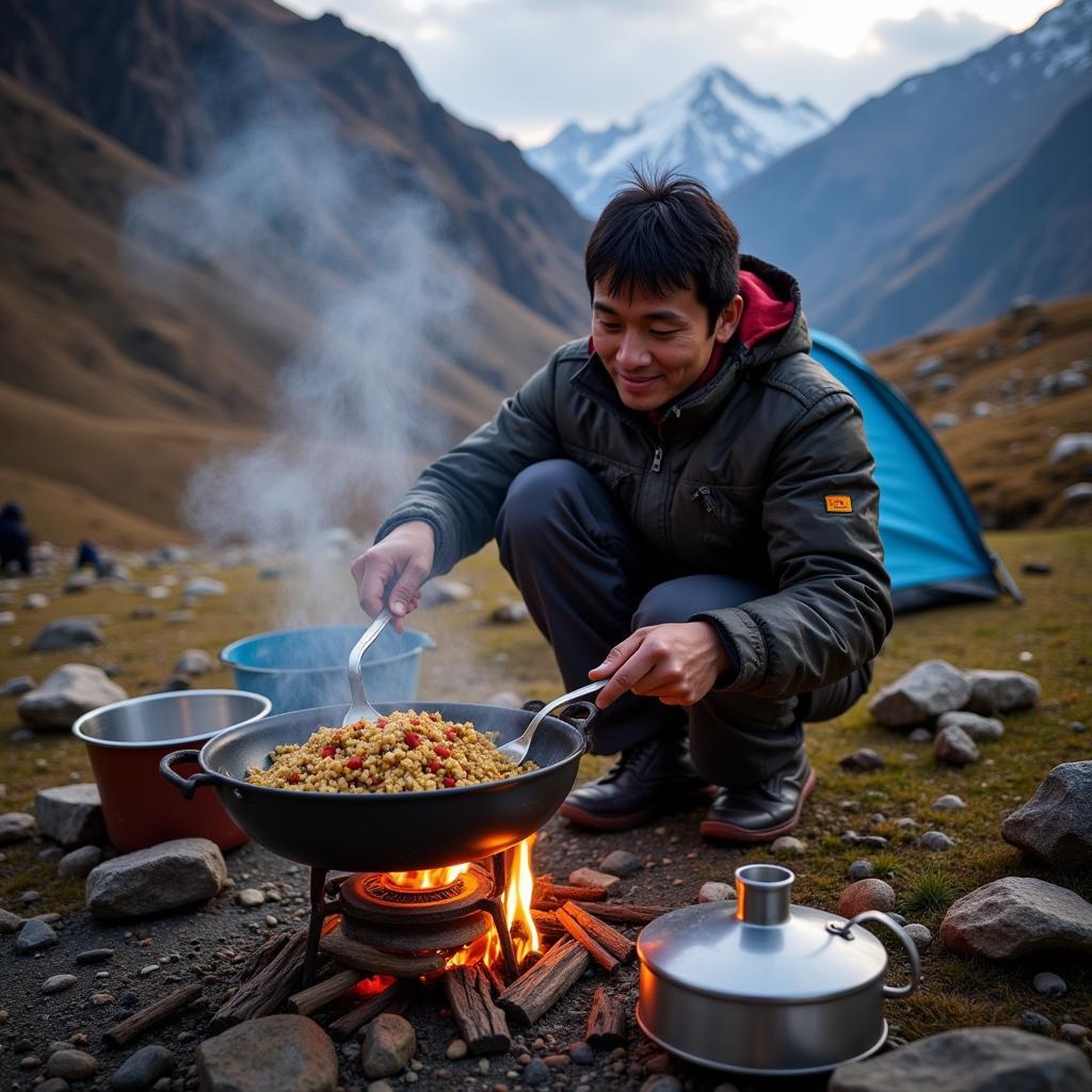 Sherpa Preparing a Traditional Nepali Meal for Climbers